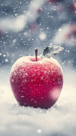 Red apple coated with granular snow in shallow depth of field