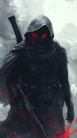 Hooded armored warrior with red glowing eyes in smoke.