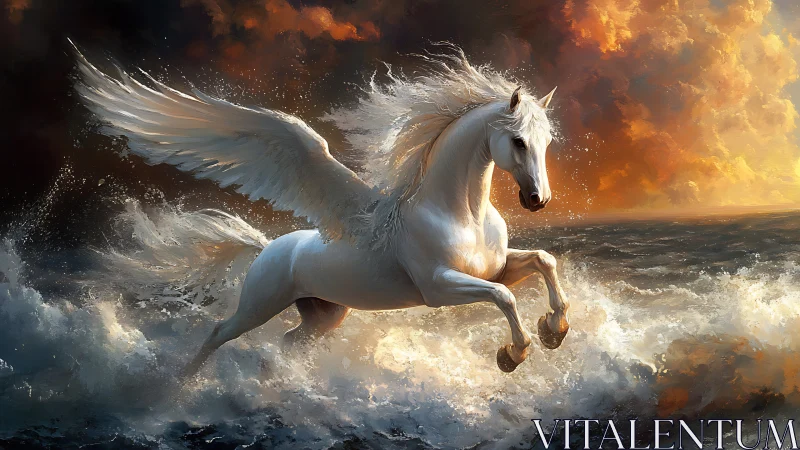 Pegasus soaring above storm-lit oceanic waves at dusk.