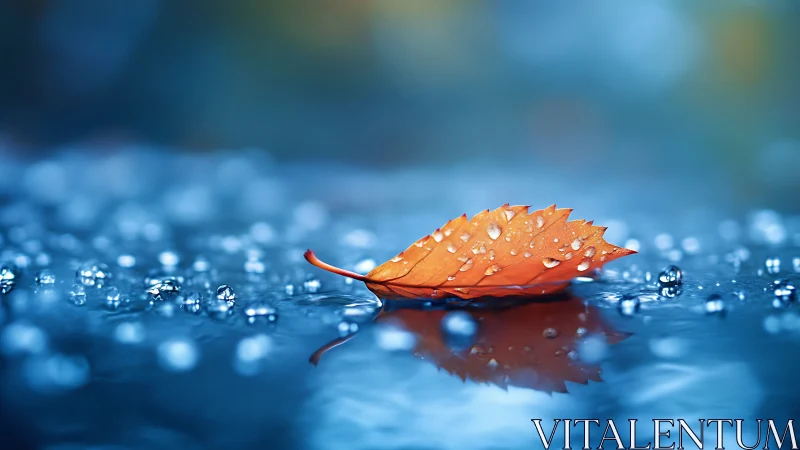 Orange leaf with water droplets floats on reflective surface
