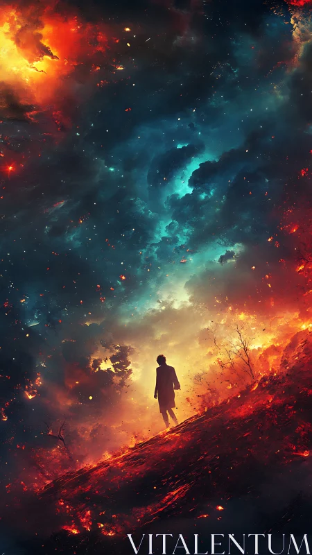 Silhouette stands on burning slope under turbulent cosmic sky