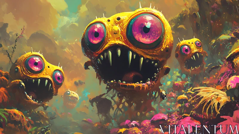 Multiple spherical creatures occupy a dense alien landscape