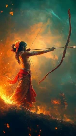 Fiery archer deity poised over burning twilight battlefield.