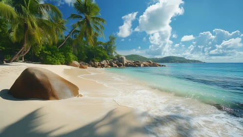 Tropical beach with granite boulder formations, turquoise shallow water, and coconut palms