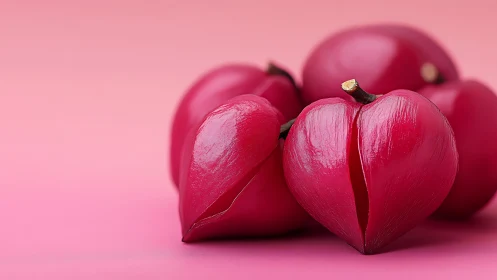 Heart shaped pink fruits rest on a soft romantic backdrop