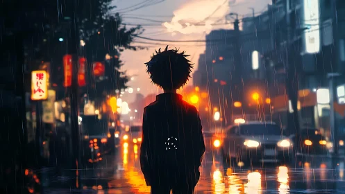 Silhouetted youth in neon-lit rainstorm observes urban traffic