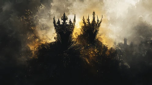 Shadow crowned monarchs in ember fog of a fading realm.