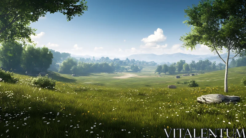 Sunlit meadow valley rendered with high-detail atmospheric depth