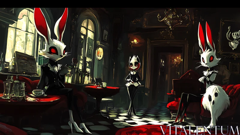Anthropomorphic rabbits in dark café interior scene.