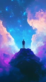 Starlit dreamer gazes into a glowing cosmic sky of wonder