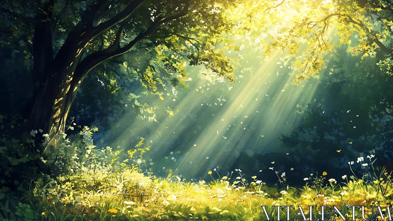 Sunlit forest clearing glowing with gentle morning magic.