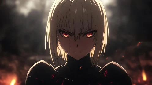 Blonde anime warrior with burning red eyes in dark armor