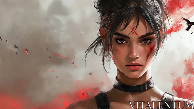 Digital painting portrait of battle-scarred heroine, frontal focus.