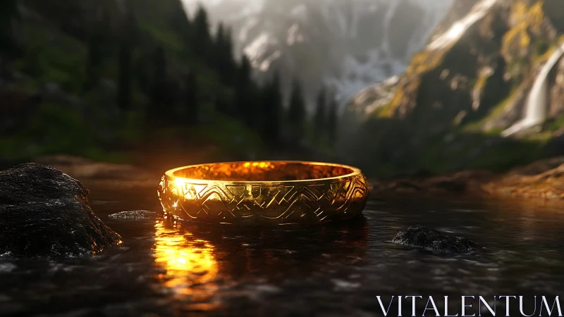 Golden ring resting in mountain stream under warm light.