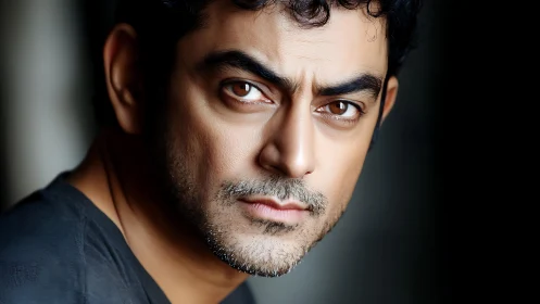 Intense brown-eyed man in dramatic close-up portrait.