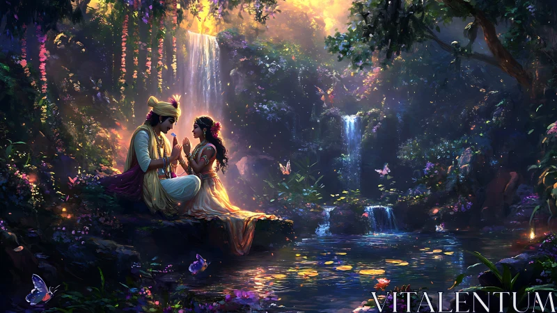 Divine lovers beside luminous waterfall in enchanted forest.