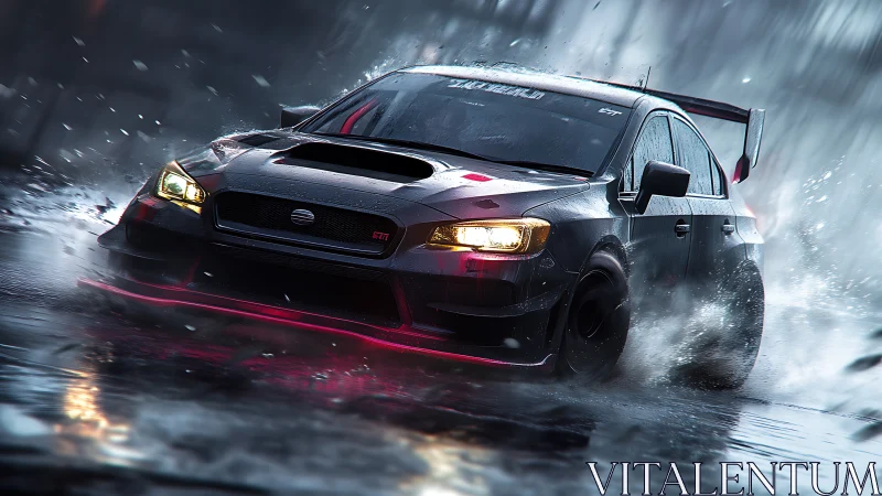 Midnight tuned rally car drifting through neon rainstorm.