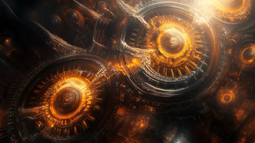 Luminous mechanical rings in complex sci fi configuration.