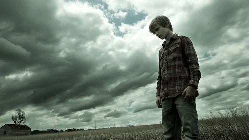 Solitary boy stands beneath brooding stormfront sky.
