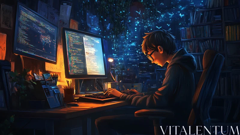 Focused young programmer coding late in a glowing studio.