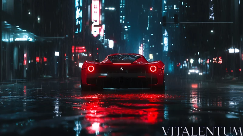 Red supercar under neon rain on empty city street.