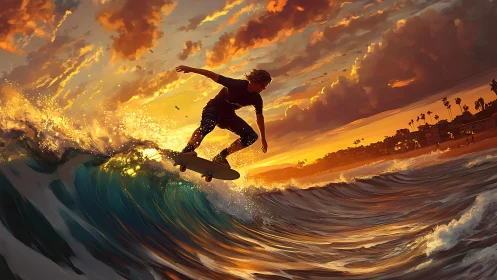 Surfer rides breaking wave under dramatic sunset sky