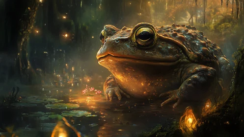 Gentle giant frog resting in a softly glowing forest pond.