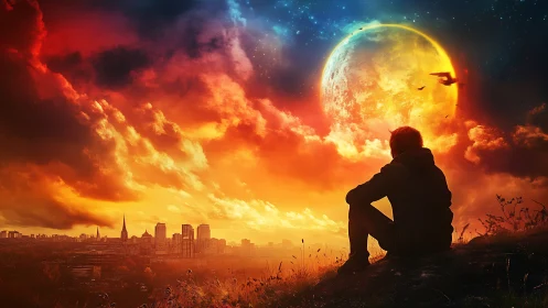Solitary dreamer watching a cosmic sunset over the city.