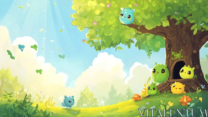 Cartoon forest clearing with round creatures under tree.