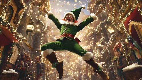 Photorealistic festive elf leaping in illuminated winter street.