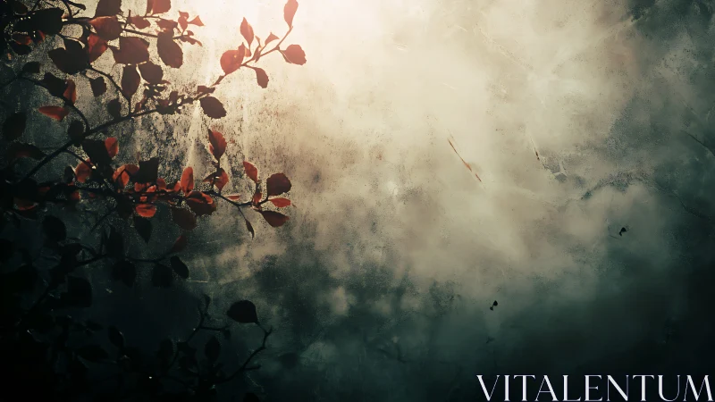 Moody branch silhouette against misty glass with dramatic lighting.