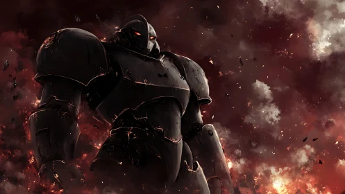 Towering armored mech stands strong in a burning storm sky