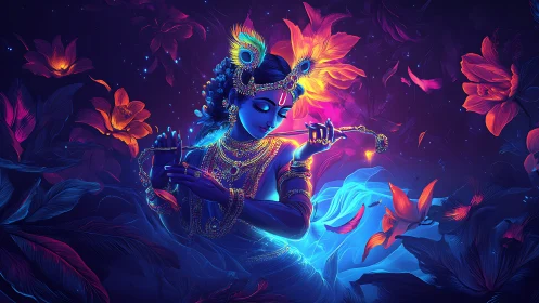 Divine blue figure playing flute amid neon lotus bloom.