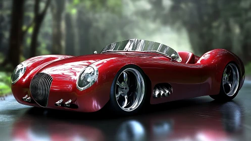 Retro-futuristic red roadster with chrome detailing in forest.