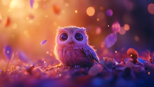 Tiny owl gazes upward under glowing autumn bokeh light