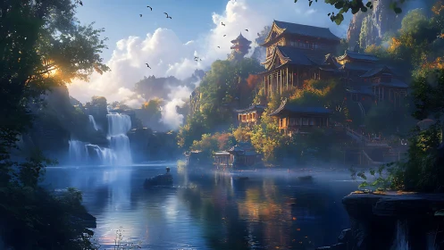 Terraced riverside pagoda complex with waterfalls at golden hour