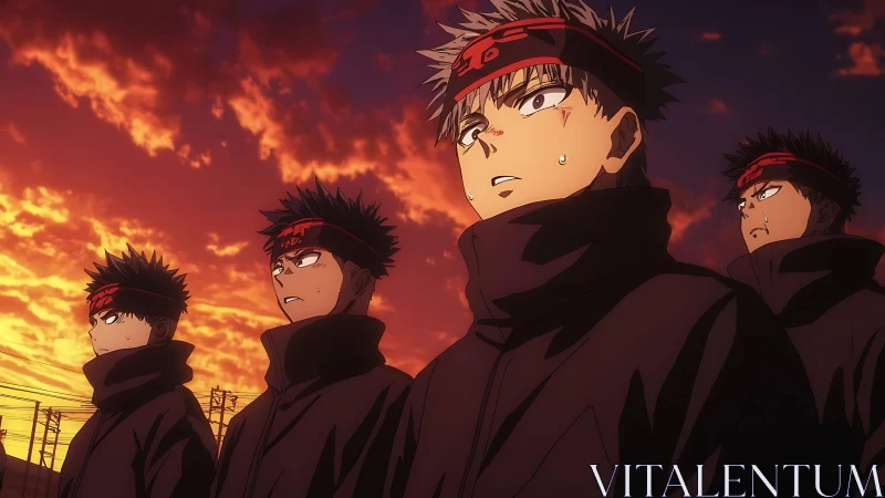 Anime fighters stand united beneath a blazing sunset sky