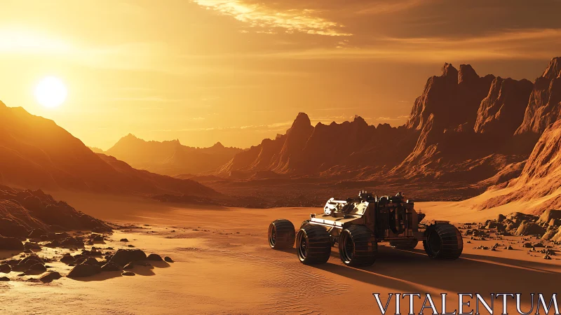 Autonomous Mars rover traverses sunlit dune plain with high-relief ridges