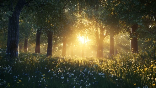 Golden morning sunlight gently fills a peaceful forest meadow