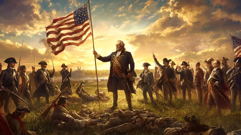 Military leader holding early US flag on battlefield at dusk.