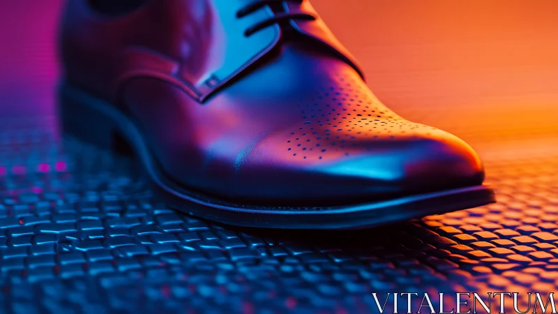 Laced leather oxford under neon rim lighting on textured floor