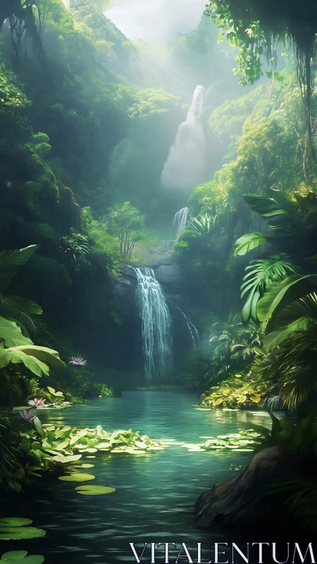 Hidden jungle lagoon with cascading waterfalls and lilies.
