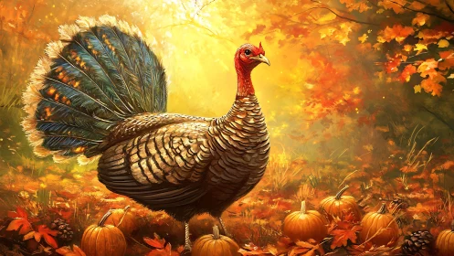 Autumn turkey amid pumpkins in glowing forest light.