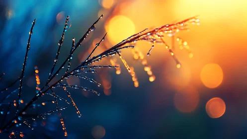 Morning dew clings to fine twigs against glowing sunrise bokeh