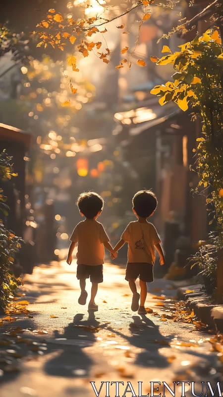 Sunlit childhood stroll with two friends hand in hand.