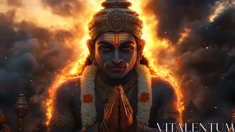 Fiery blue deity in prayerful pose amid stormy clouds.