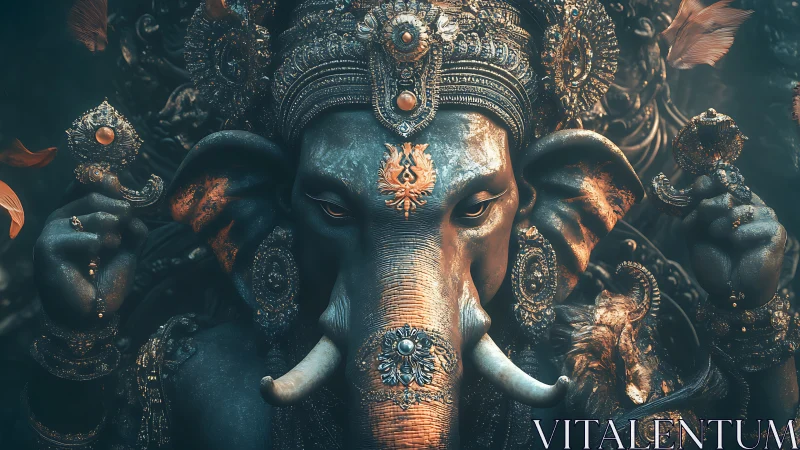 Ornate elephant headed deity statue in dramatic lighting.