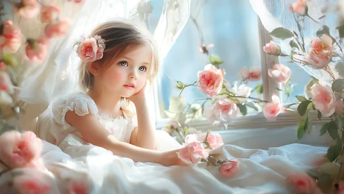 Young girl in white dress surrounded by pink roses at sunlit window.