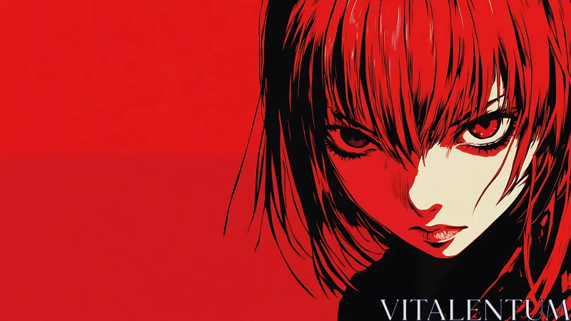 Fierce red haired anime girl framed in bold shadowed light.