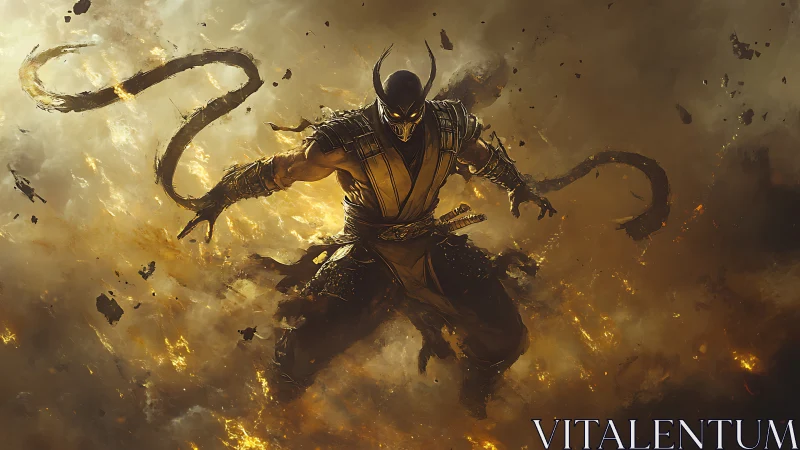 Infernal masked warrior suspended in swirling ember storm.